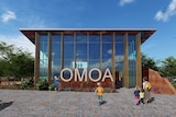 A design of a museum with a large sign "OMOA".