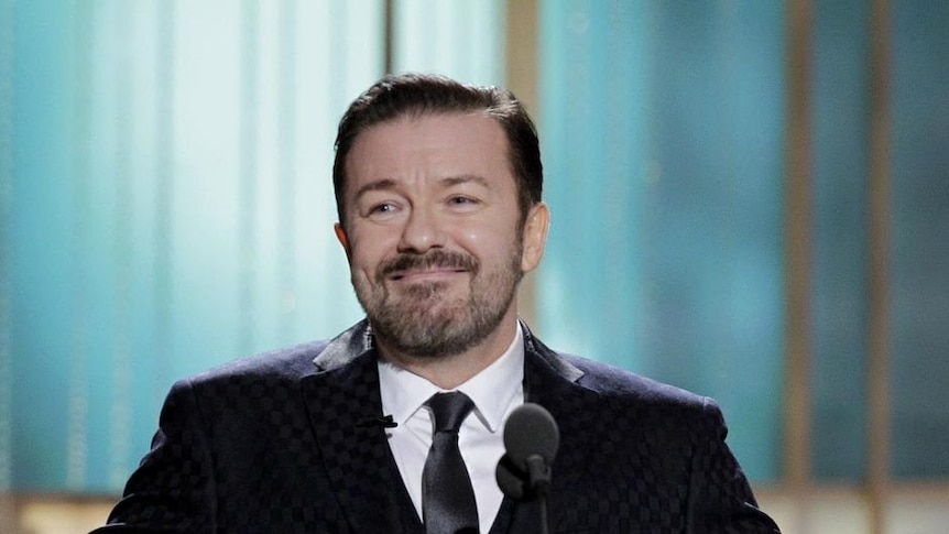 Host Ricky Gervais speaks onstage during the Golden Globe Awards