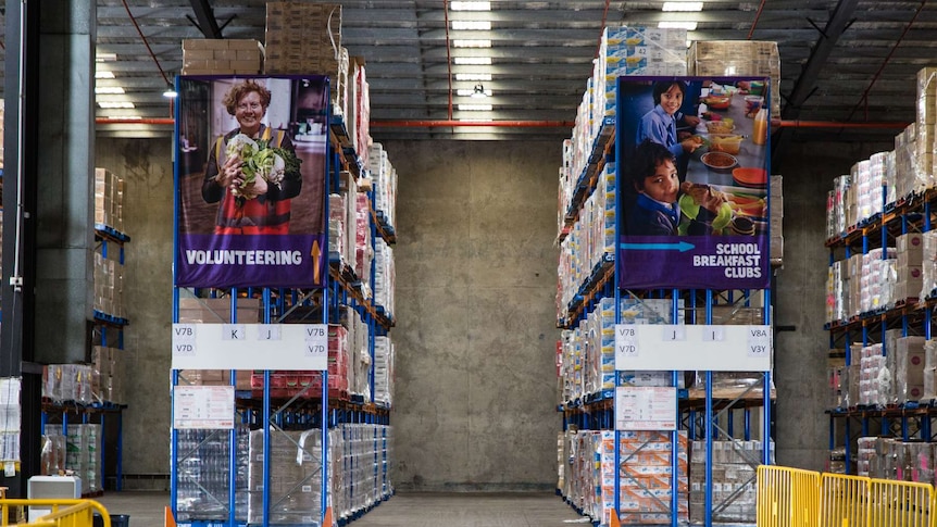 Shelves in the warehouse of Foodbank Victoria in Melbourne.