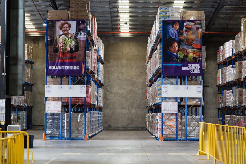 Shelves in the warehouse of Foodbank Victoria in Melbourne.