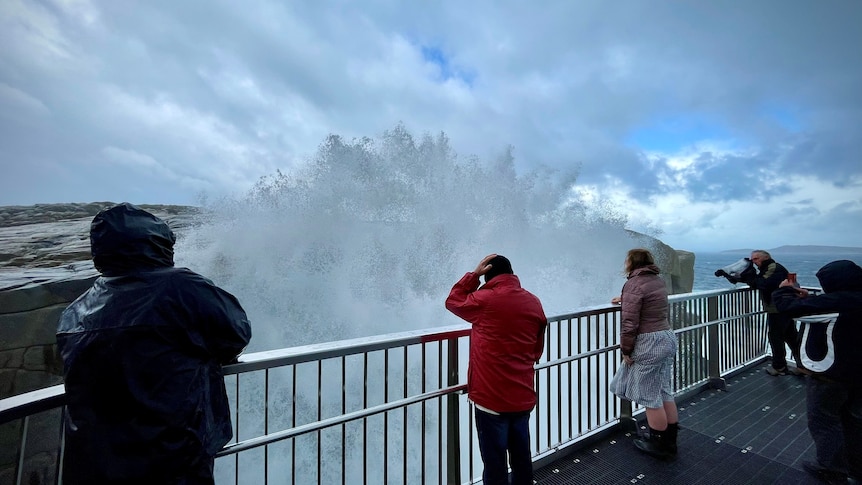 Monster swell lashes WA’s south coast as sightseers brace wet weather for a glimpse
