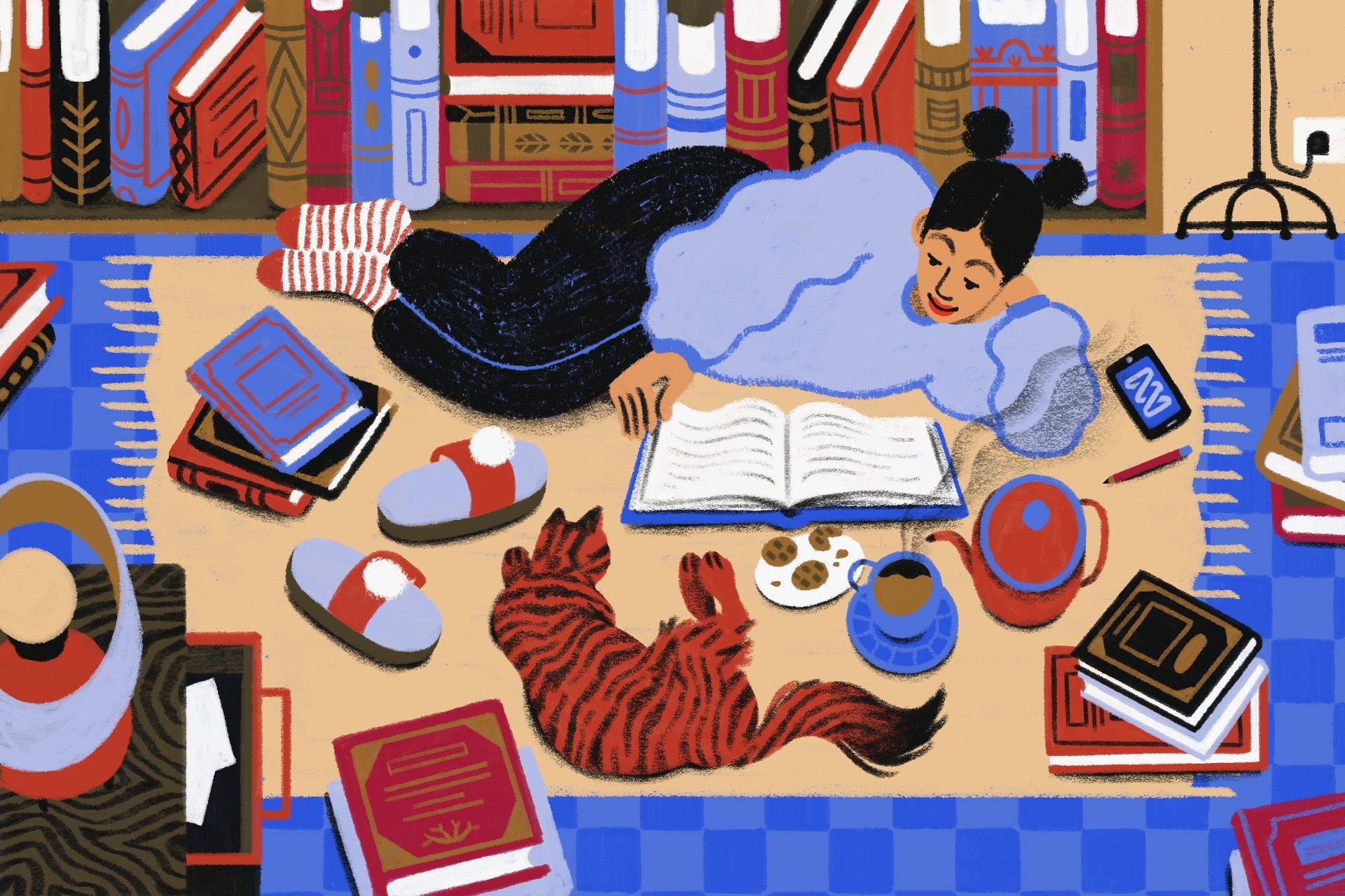 An illustration of a woman lying on a rug with a cat and a cup of tea, reading a book.