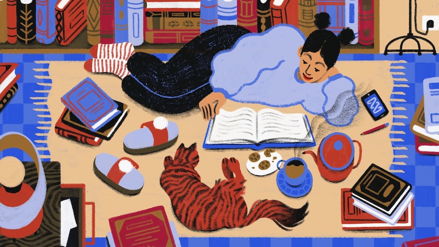 An illustration of a woman lying on a rug with a cat and a cup of tea, reading a book.