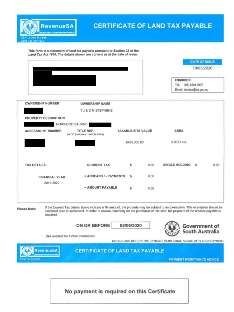 Terry Stephens' land tax certificate.