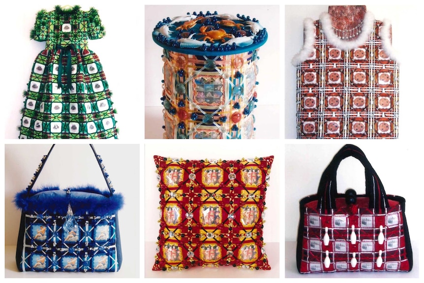A colourful collage of patchwork objects, including a green dress, cushions and a handbag.