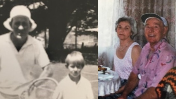 A black and white image of a man and a boy playing tennis, a second photo of an older man and woman at a table.