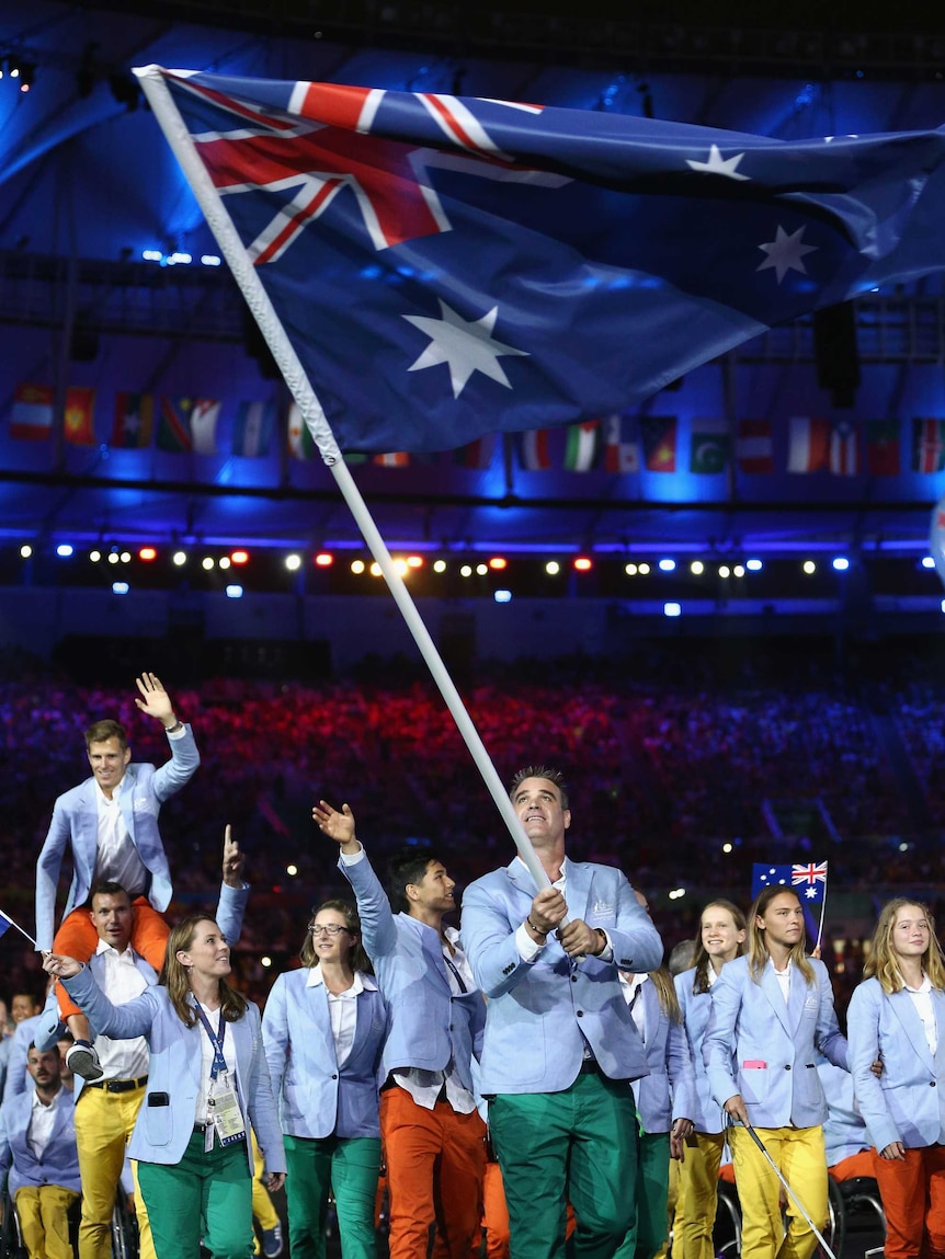 The Australian team enters the arena at Paralympics opening ceremony