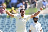Mitch Starc runs with his arms outstretched as a batsman walks off