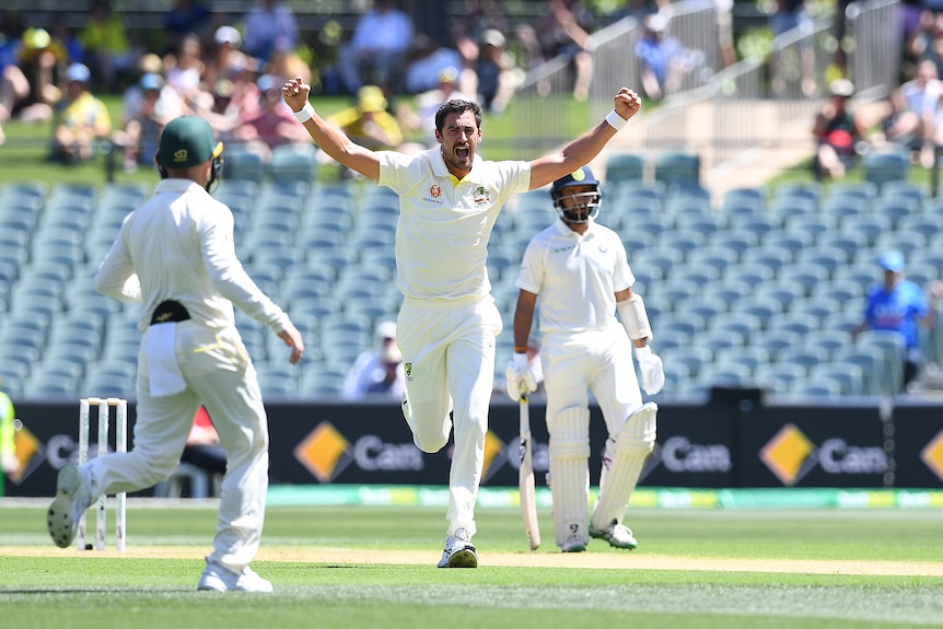 Mitch Starc runs with his arms outstretched as a batsman walks off