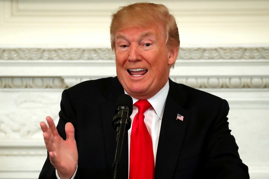 Donald Trump gestures with his hand as he speaks at the White House.