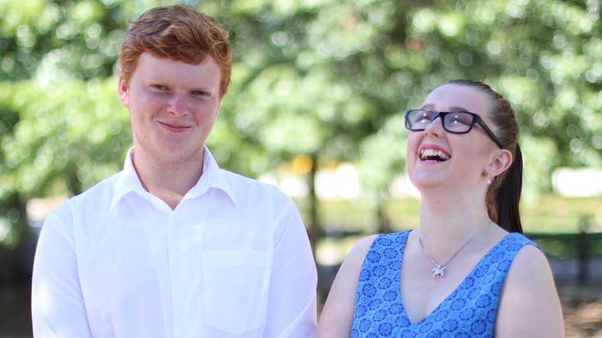 Michael James and Brianna Martin outside at the Heywire Youth Summit, 2018.