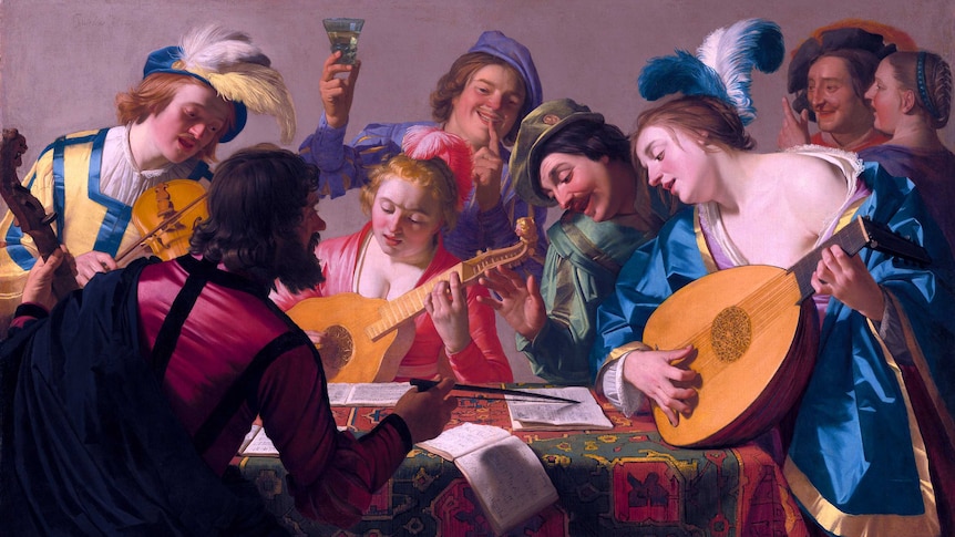 Painting of baroque musicians playing together (and drinking)