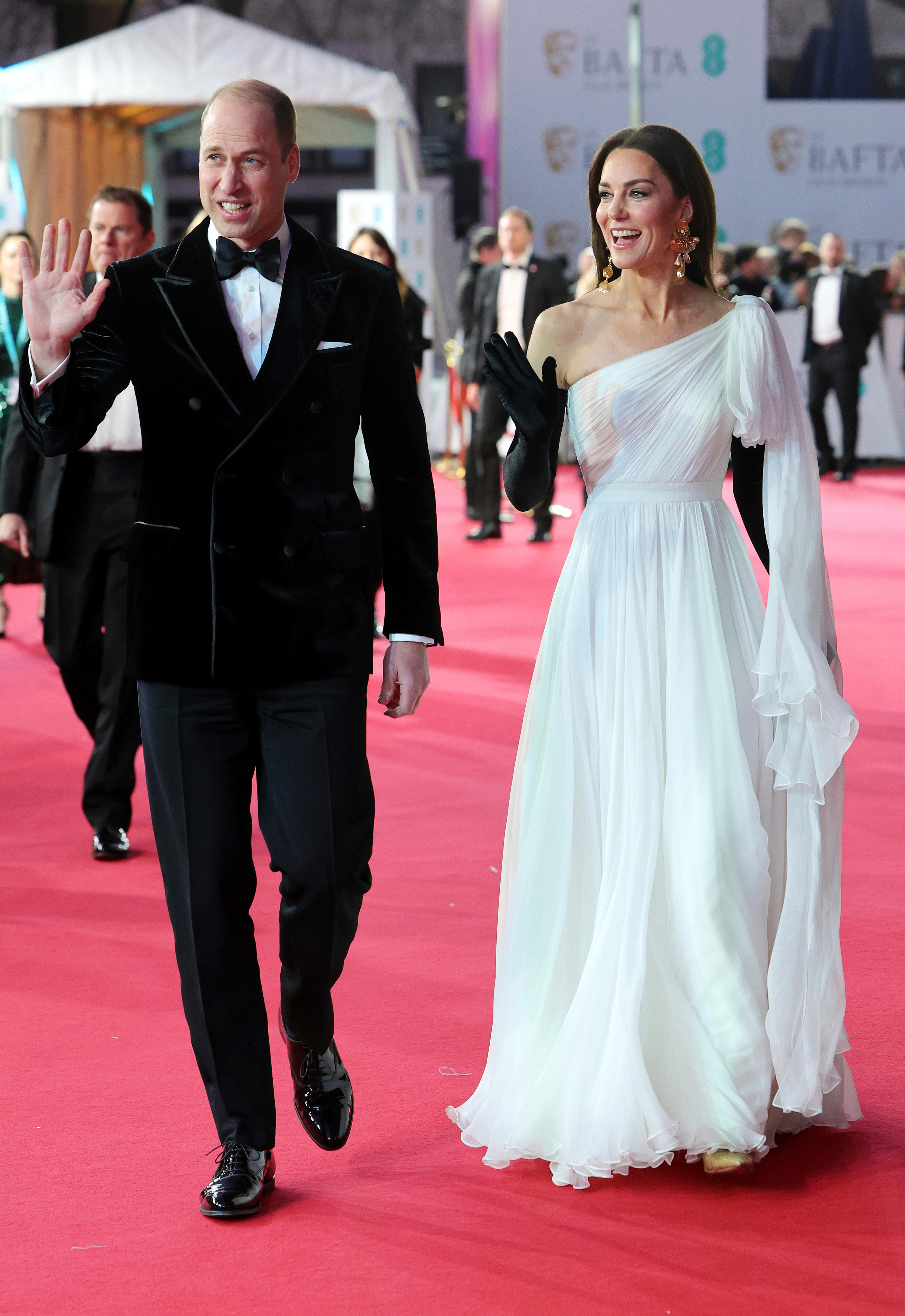 Britain's Prince William, left and Kate, the Princess of Wales on the BAFTAS red carpet.