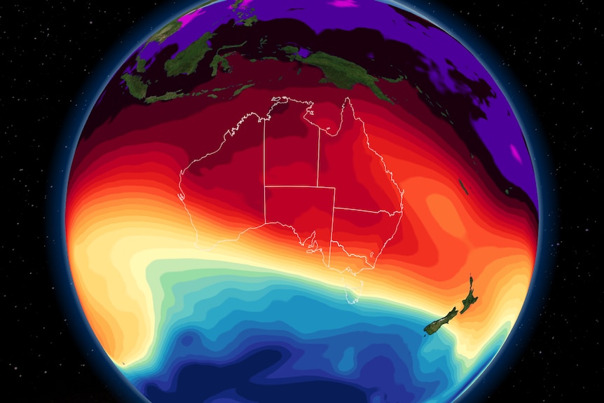 A map of the world with Australia at the fore and different coloured bands showing airmasses