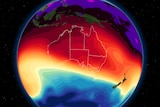 A map of the world with Australia at the fore and different coloured bands showing airmasses