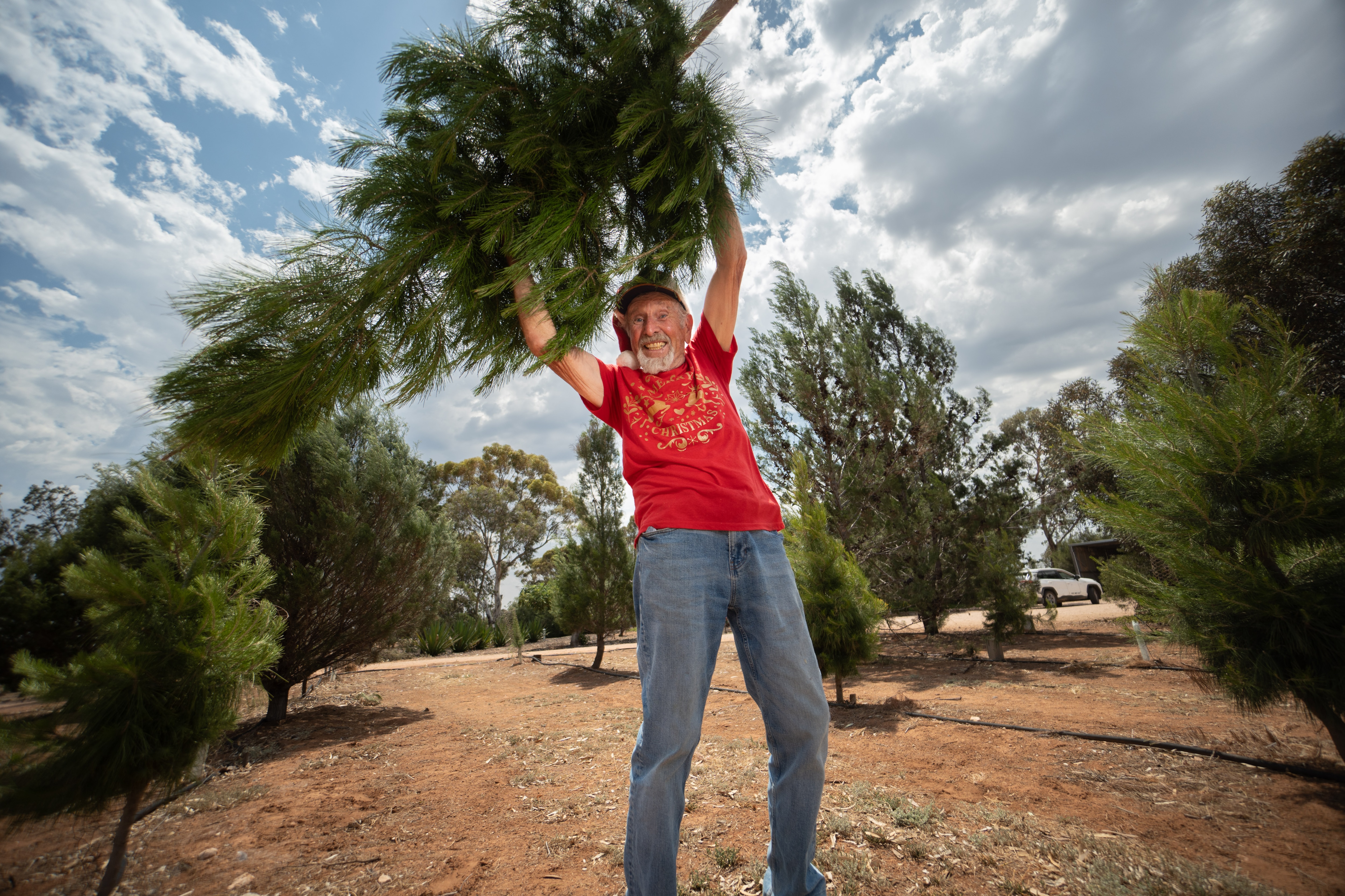 An older white man, Ed, makes a funny face while he strikes a pose in a red christmas shirt with a christmas tree.