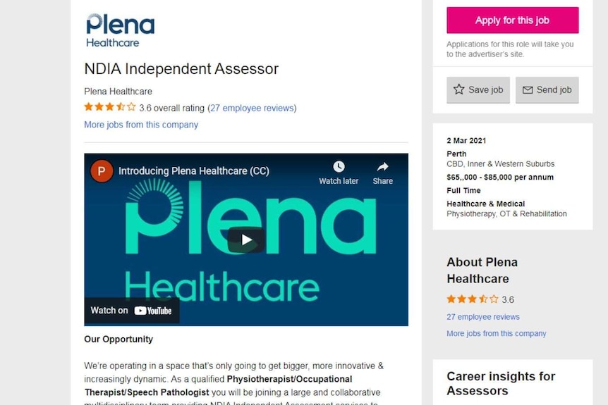 An online advertisement for an NDIA Independent Assessor position with Plena Healthcare.