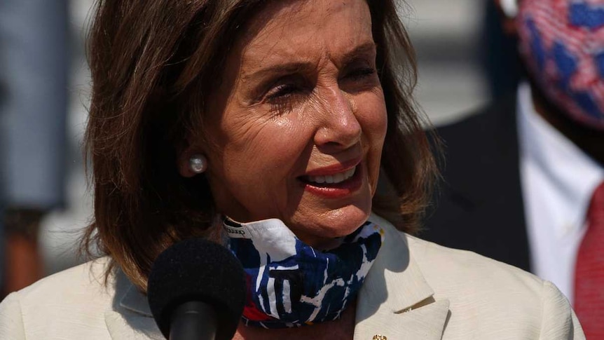 House Speaker Nancy Pelosi speaking on the front steps of Capitol Hill in Washington.