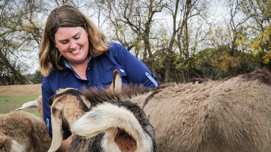 A woman with shoulder-length hair smiles as she sits next to a donkey in front of a row of trees.