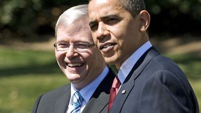 Barack Obama shakes hands with Prime Minister Kevin Rudd on March 24, 2009 (Reuters: Larry Downing)