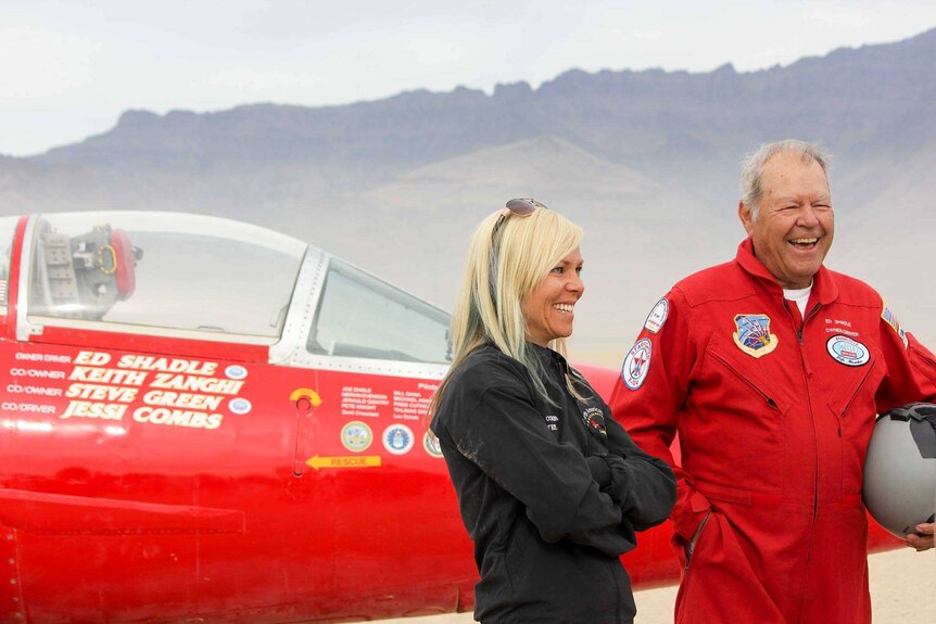 Jessi Combs smiles in the Alvord Desert beside Ed Shadle.