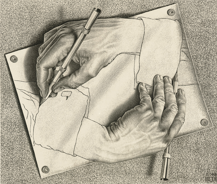 A black and white lithograph that shows, through manipulated perspective, two hands that appear to be drawing each other.