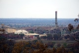 A refinery looming above a bush landscape.