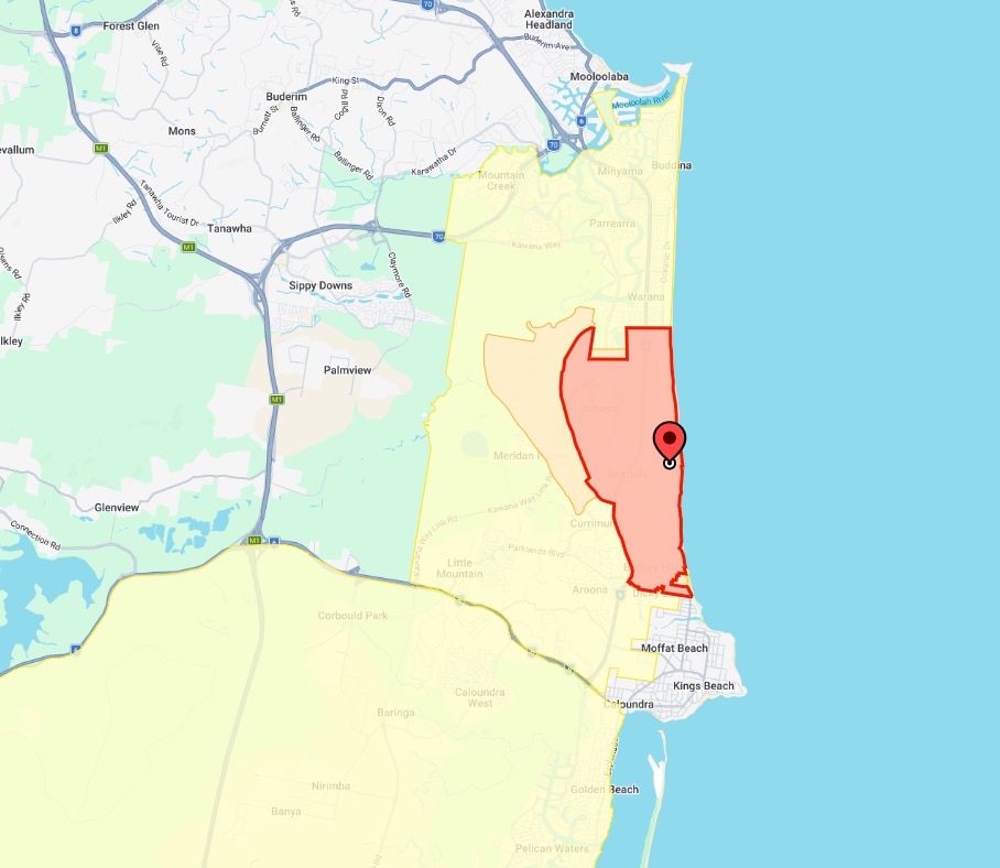 A map indicating areas of the Sunshine Coast where unexploded ordnance may be found.