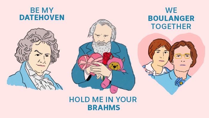 An illustration of composers with the text "Be my Datehoven" "Hold me in your Brahms" and "We Boulanger together"