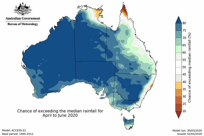 Map of Australia, with lots of blue indicating above 80% chance of above average rainfall