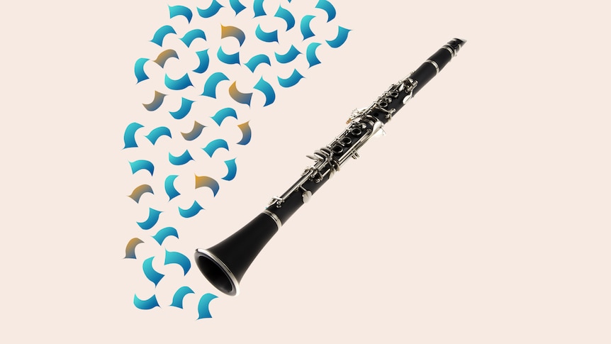 Black clarinet with silver keywork on beige background, with blue flourishes suggesting energy and movement. 