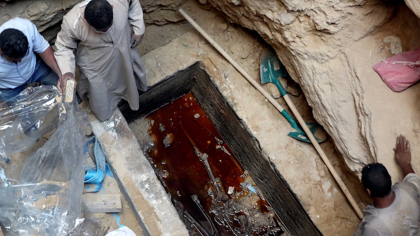Egyptian archaeologists discover ancient sarcophagus containing family of three