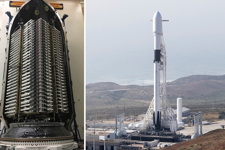 The Starlink satellites in the fairing (left) of the Falcon 9 rocket (right)