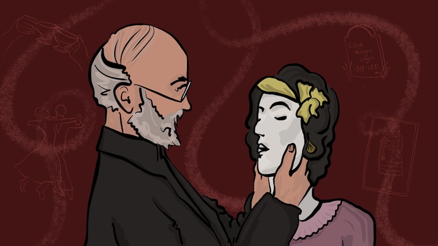 An illustration of a man with a grey beard holding the face of a young woman, whose skin is deathly white.