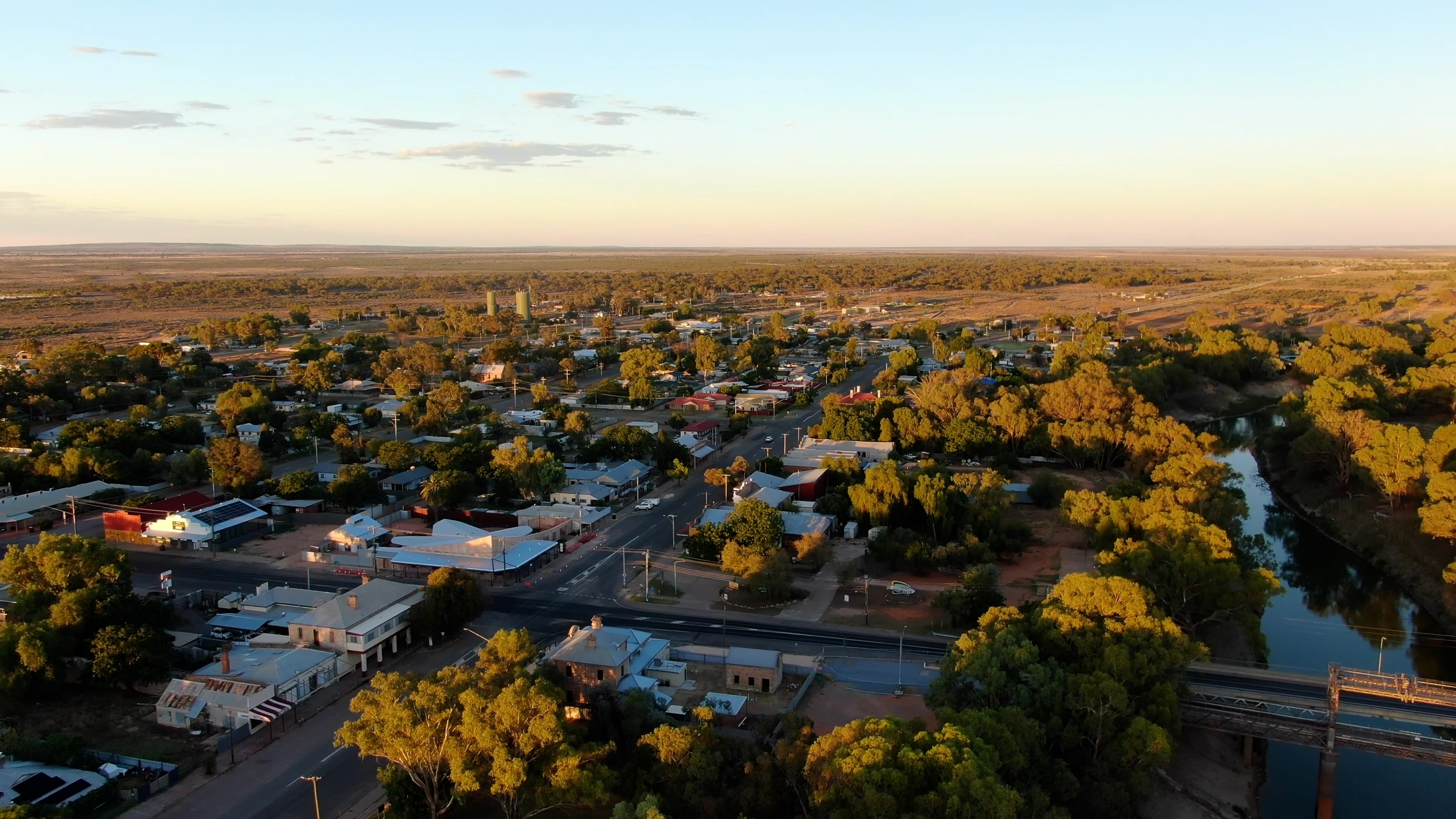A drone aerial picture of Wilcannia at sunset in outback New South Wales.