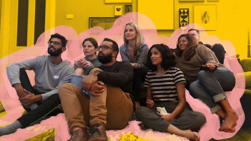 Group of men and women sitting in a living room and watching TV for a story about Game of Thrones ending and its community.