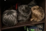 A set of shelves with papers and a collection of wigs laid out on them.