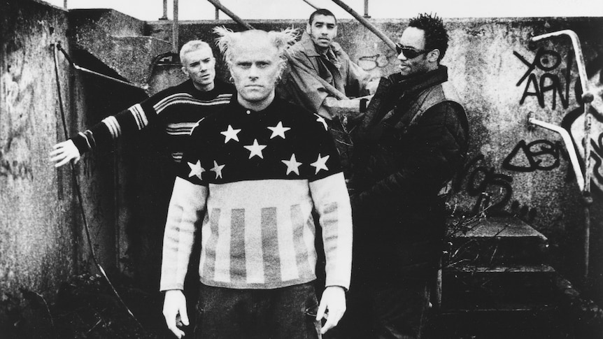 A 1997 promotional photo of The Prodigy (L-R): Liam Howlett, Keith Flint, Leeroy Thornhill, Maxim.