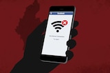 A graphic of a phone with no internet connection on Facebook with a red background.