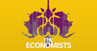 The logo for the Economists show, showing a purple Rorschach inkblot on a yellow background.
