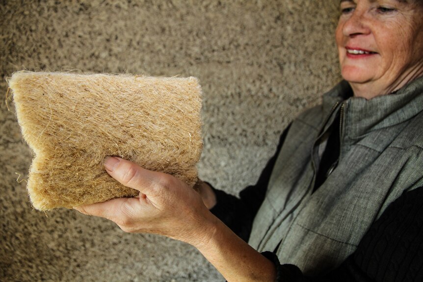 Lyn Stephenson holding up a sample of insulation that was made in France.