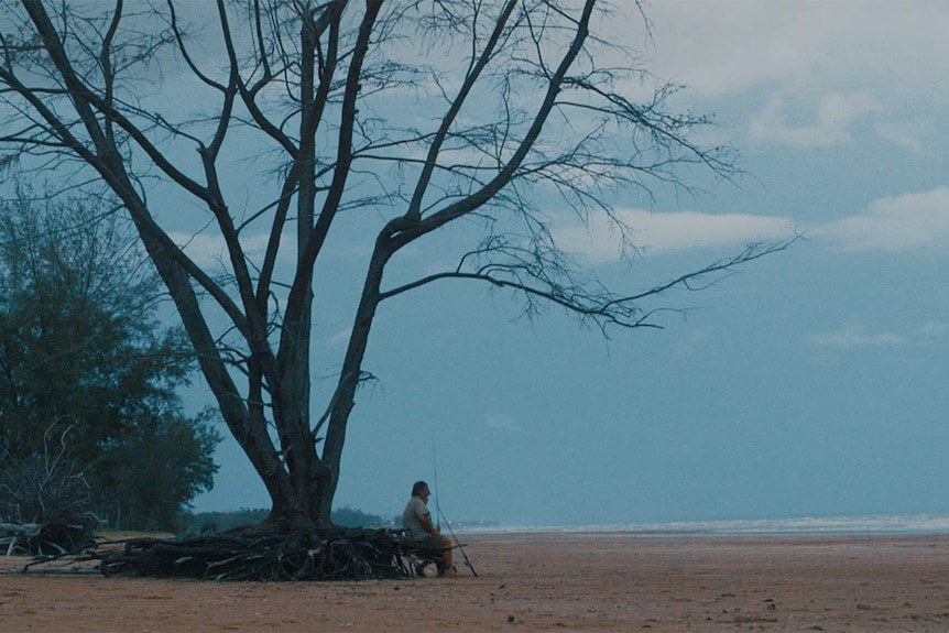 A still from We're Family Now depicting a man sitting beneath a big tree on the beach.