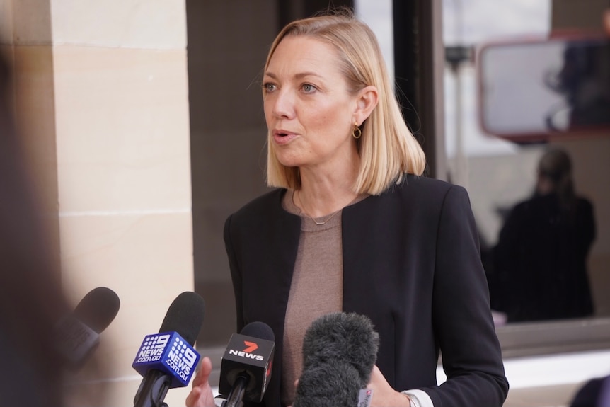 Mia Davies speaks to journalists outside of Parliament House.