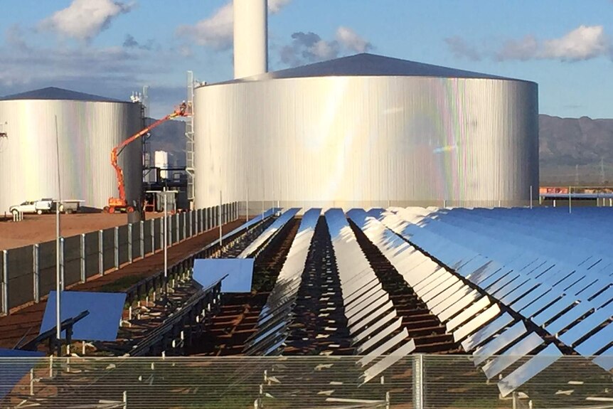 Sundrop Farms' mirror field next to the biggest thermal energy storage tank in the southern hemsiphere.