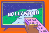 Illustration of a dark-skinned hand pointing a remote at a TV which has 'Nollywood' written across the screen