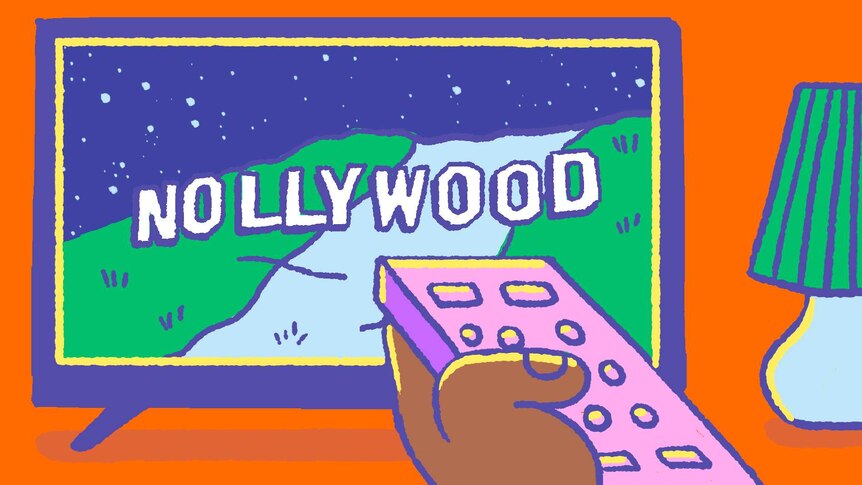 Illustration of a dark-skinned hand pointing a remote at a TV which has 'Nollywood' written across the screen