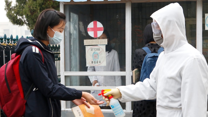 A person in full PPE sprays a schoolgirl's hands with disinfectant. 