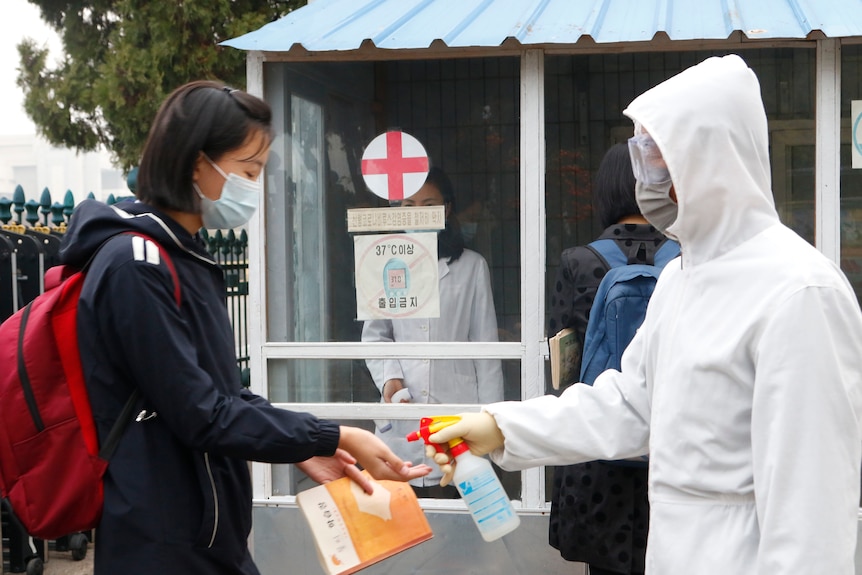 A person in full PPE sprays a schoolgirl's hands with disinfectant. 