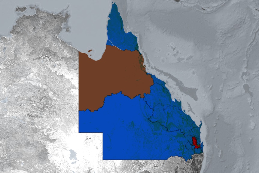 A map of Queensland covered in mostly blue to represent LNP, followed by brown representing Bob Katter's Party