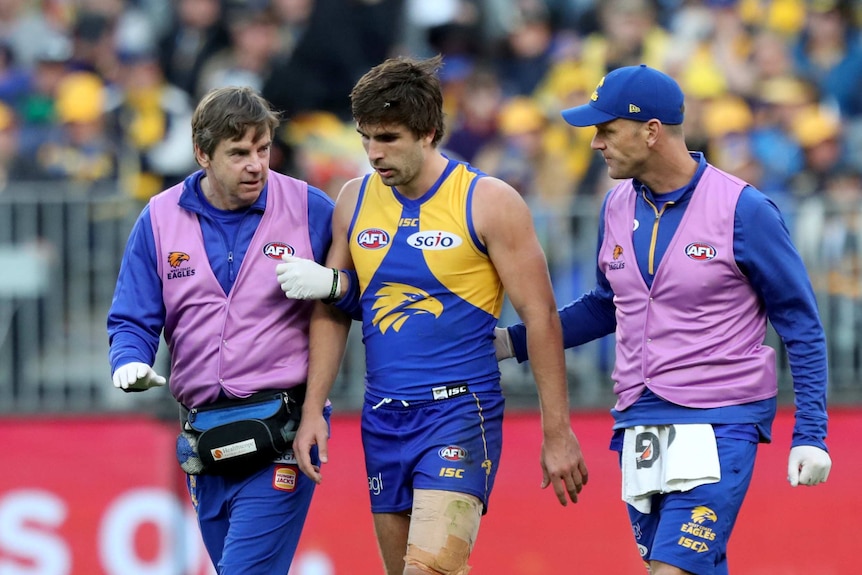 Andrew Gaff is helped off the field